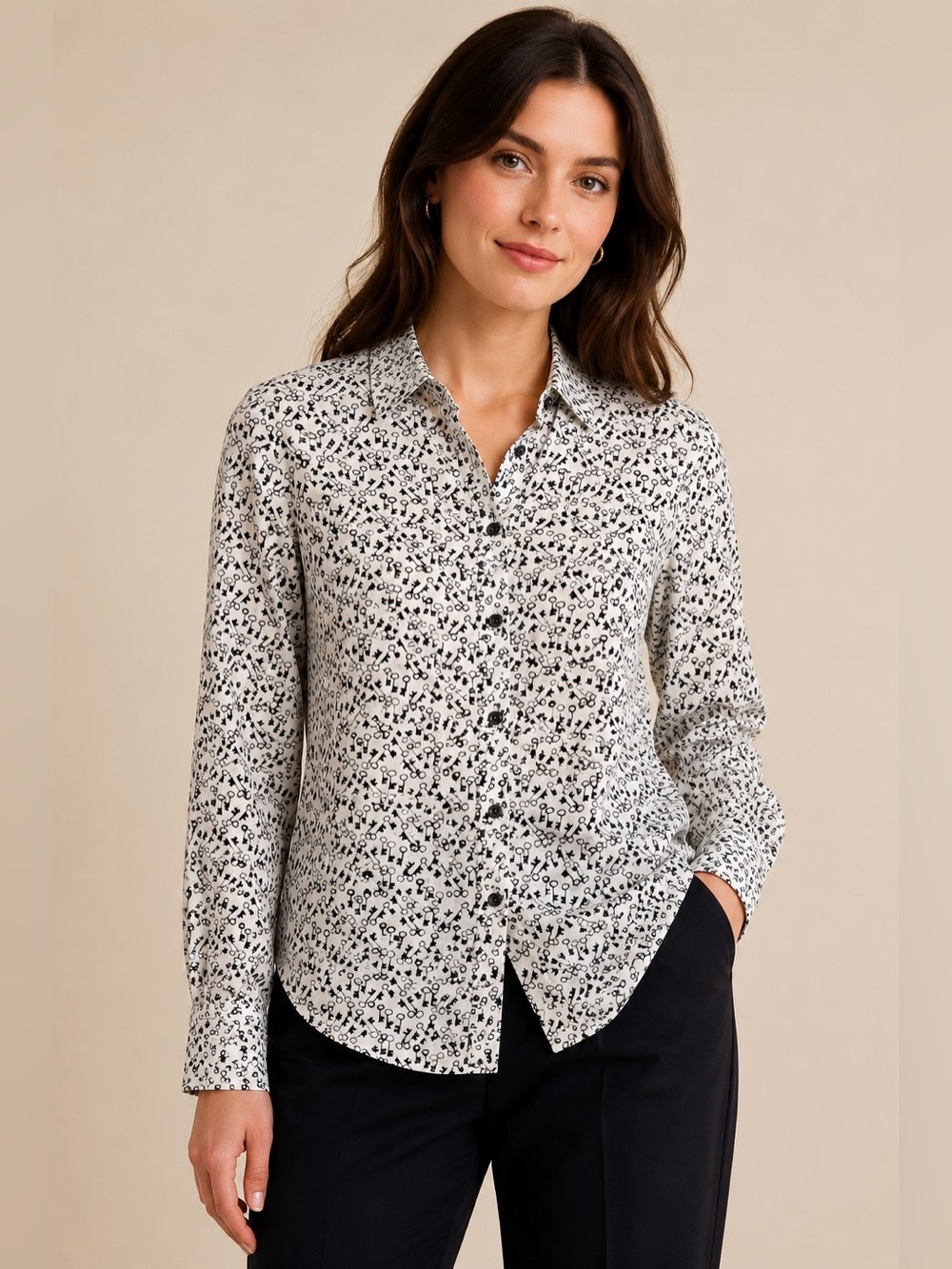 J.Crew Club Collar Silk Key Print Button Front Long Sleeve Blouse